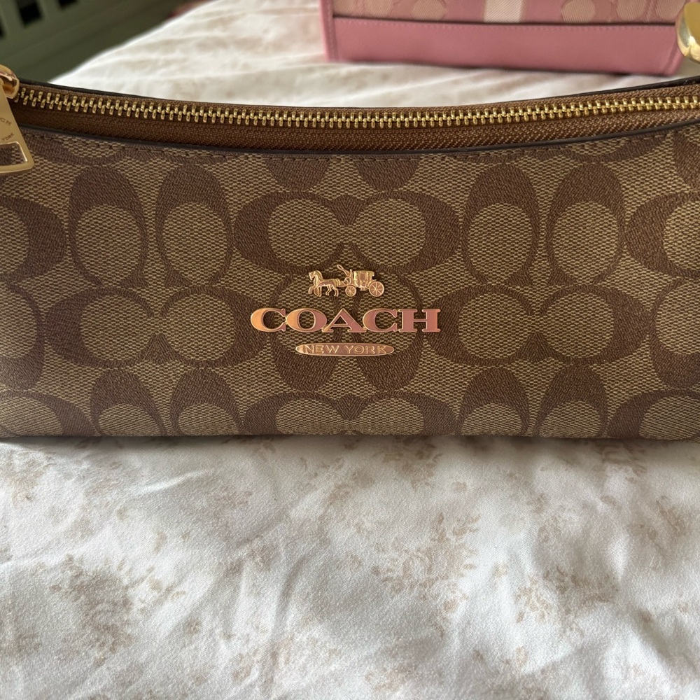 Coach Tan and Brown Wristlet with Gold Zipper